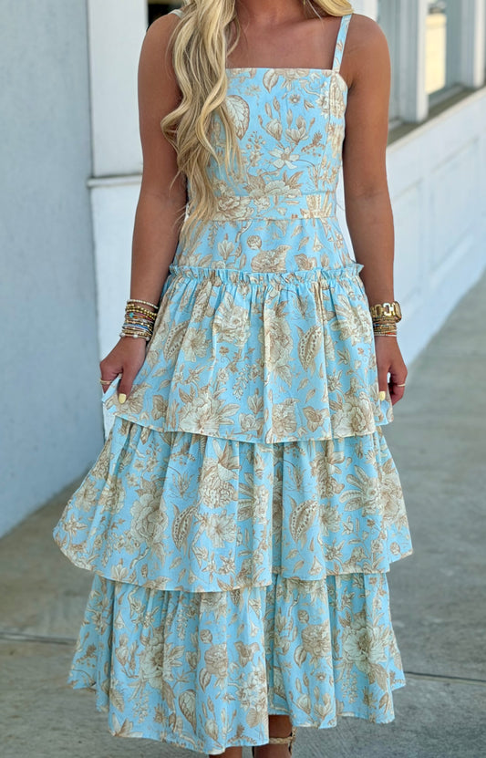 Floral Print Square Neck Tiered Ruffle Midi Dress