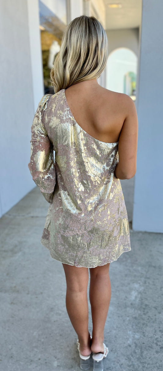 Taupe Gold Foil Print One Shoulder Dress