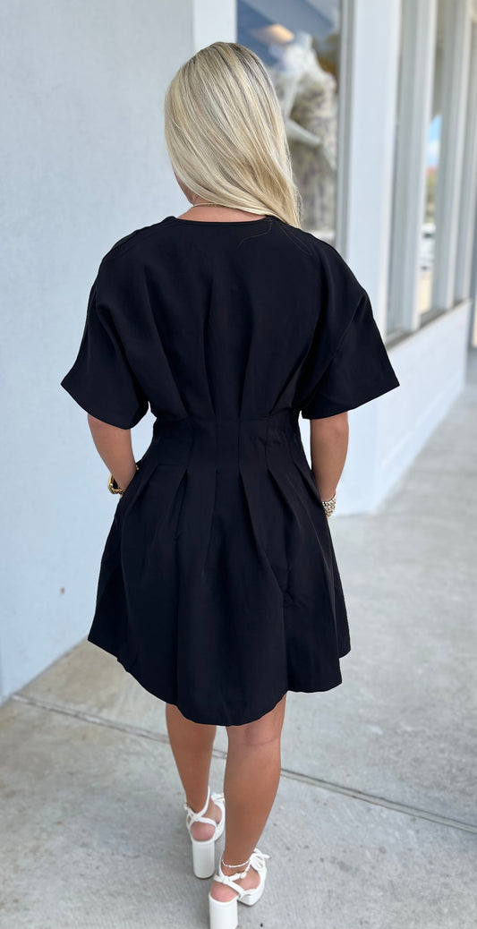 Black V Neck Pleated Mini Dress