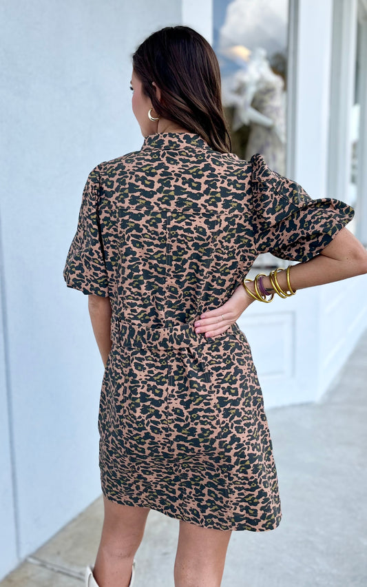 Animal Print Puff Sleeve Belted Dress