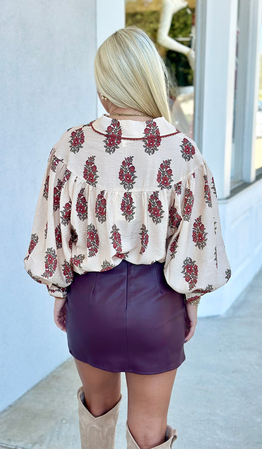 Wine Leather Front Tie Skirt