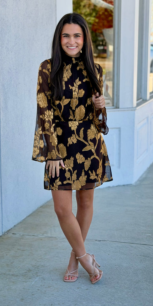 Brown/Gold Floral Mock Neck Long Sleeve Dress