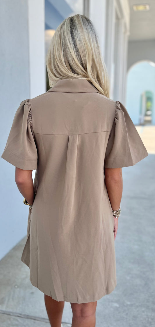 Taupe Collar Neck Button Down Dress