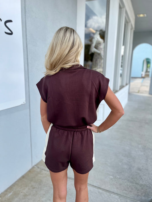 Brown/White Half Zip Pullover and Short SET