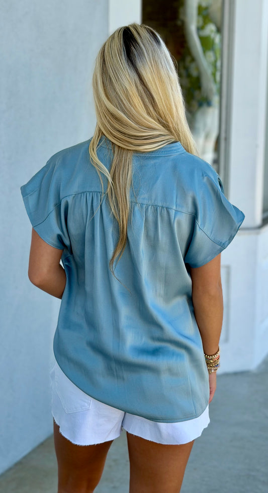 Dusty Blue V Neck Cap Sleeve Top
