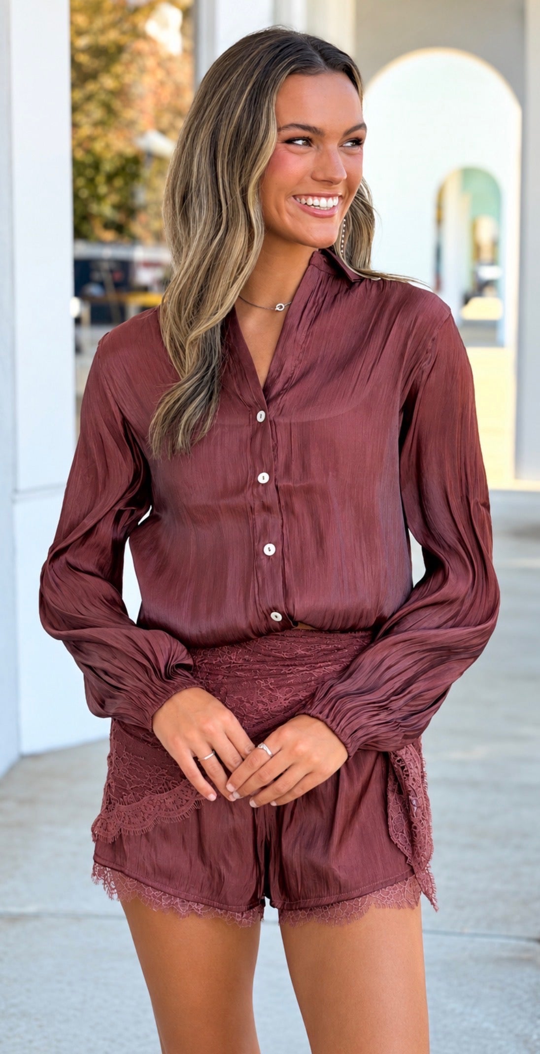 Brown Silky Satin Shirt, Lace Shorts and Scarf SET