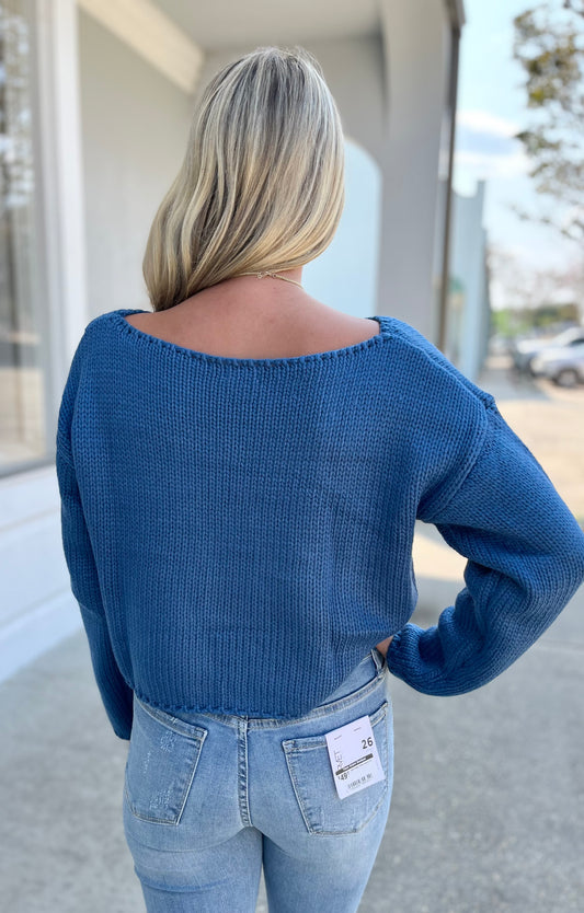 Teal Blue Boat Neck Box Sweater