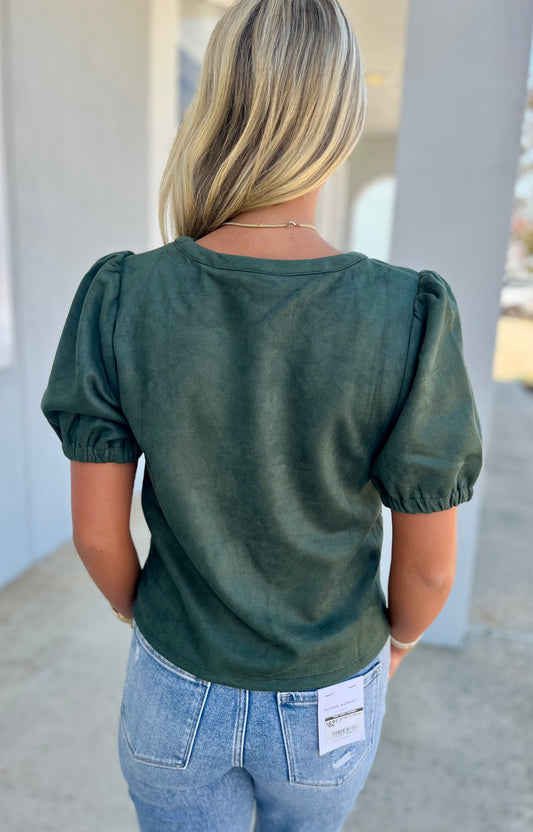 Forest Green Suede Puff Sleeve Top