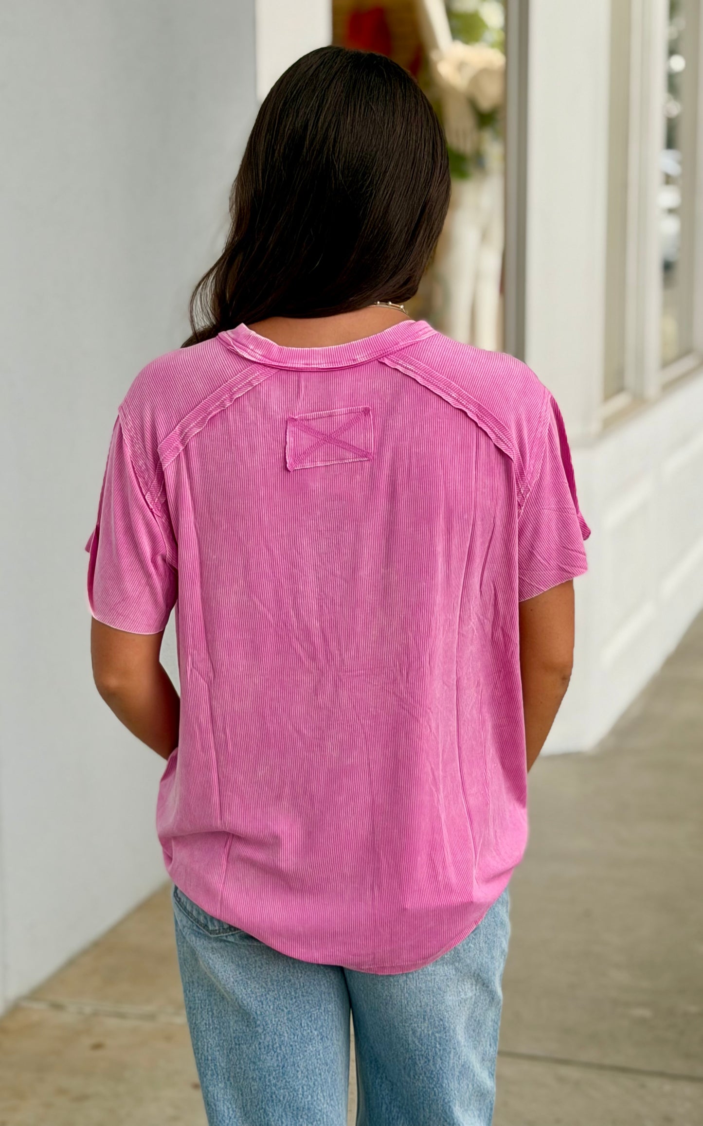 Washed Ribbed Boat Neck Top, Candy Pink