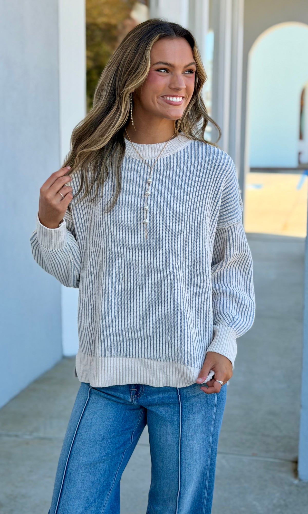 Lt Grey Two Tone Crewneck Sweater