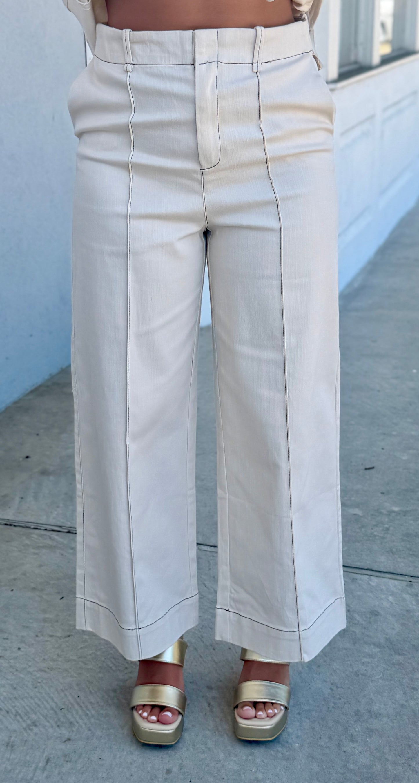 Cream Sleeveless Vest Jacket & Straight Pant SET
