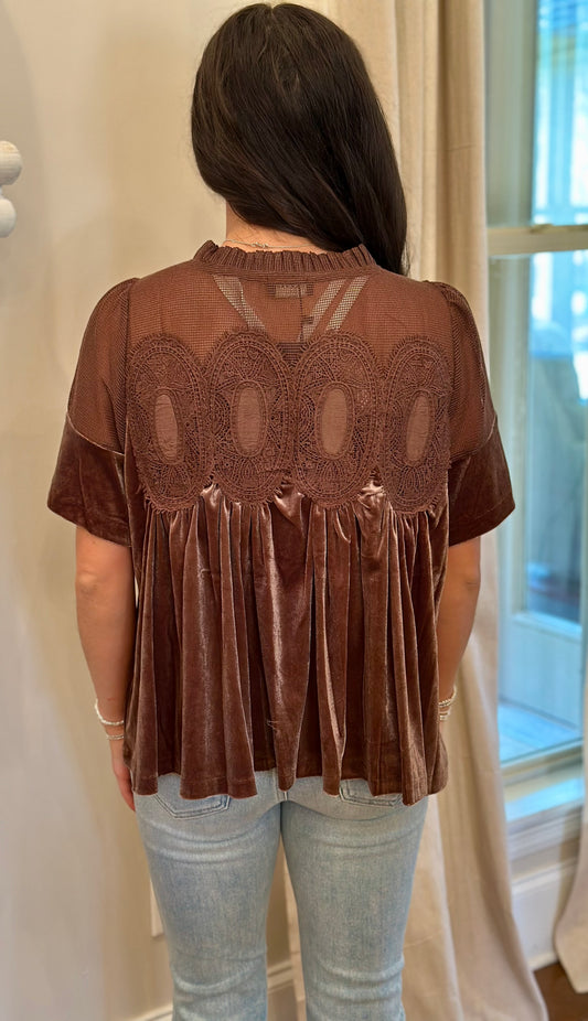 Lace Velvet Babydoll Top, Brown