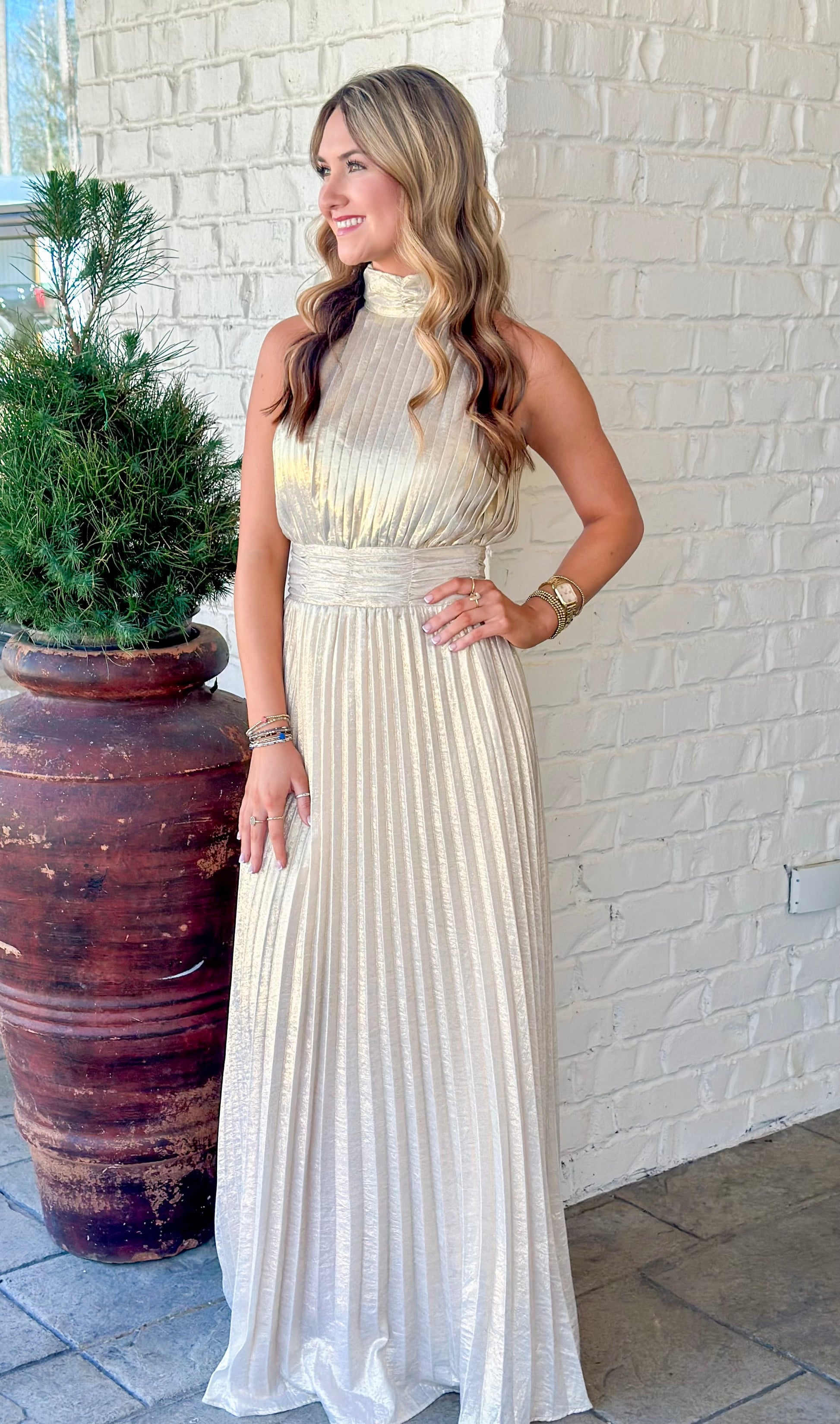 Champagne Satin Pleated Halter Midi Dress Three Sisters Boutique Champagne Satin Pleated Halter Midi Dress Three Sisters Boutique