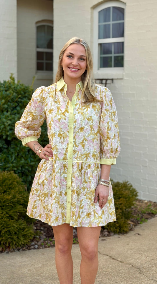 Avocado Stripe Detail Button Floral Dress