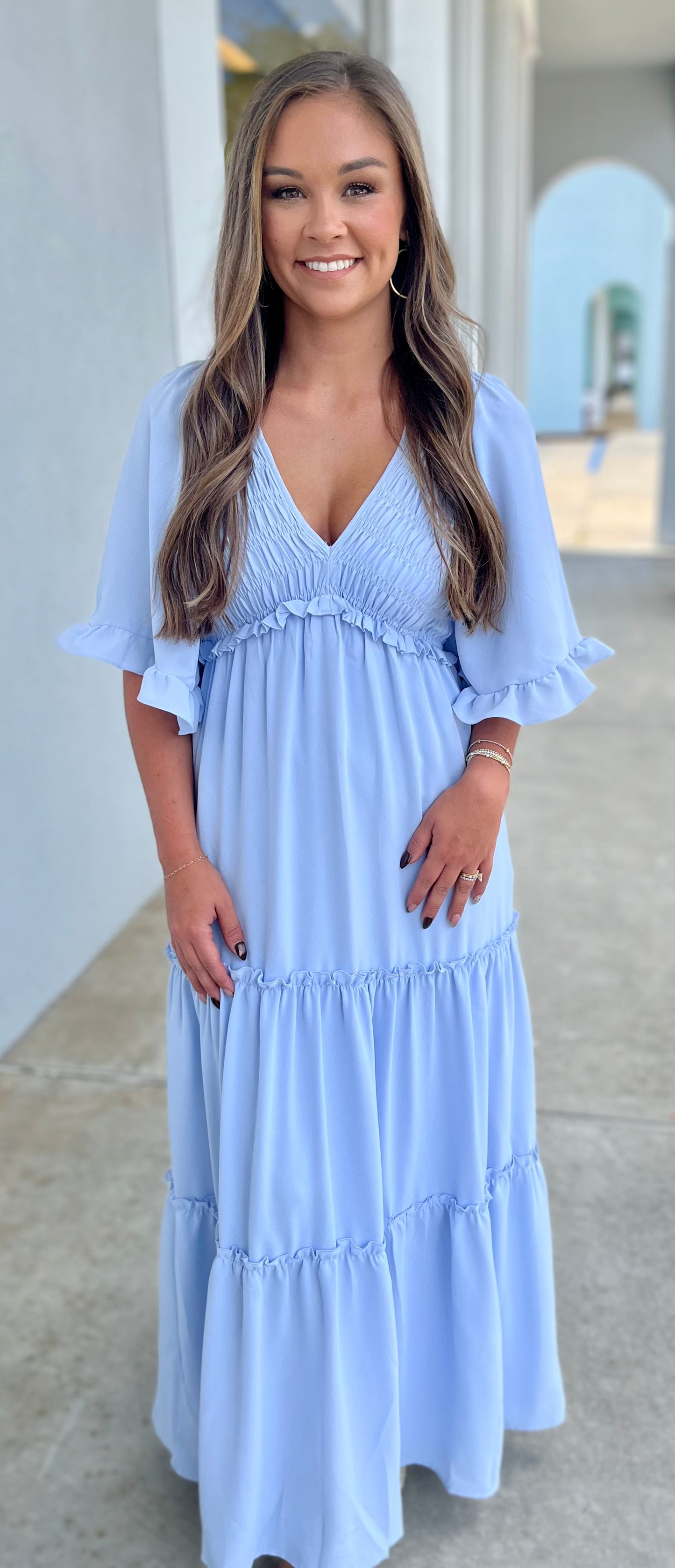 Lt Blue Flutter Sleeve Smocked Tiered Maxi Dress