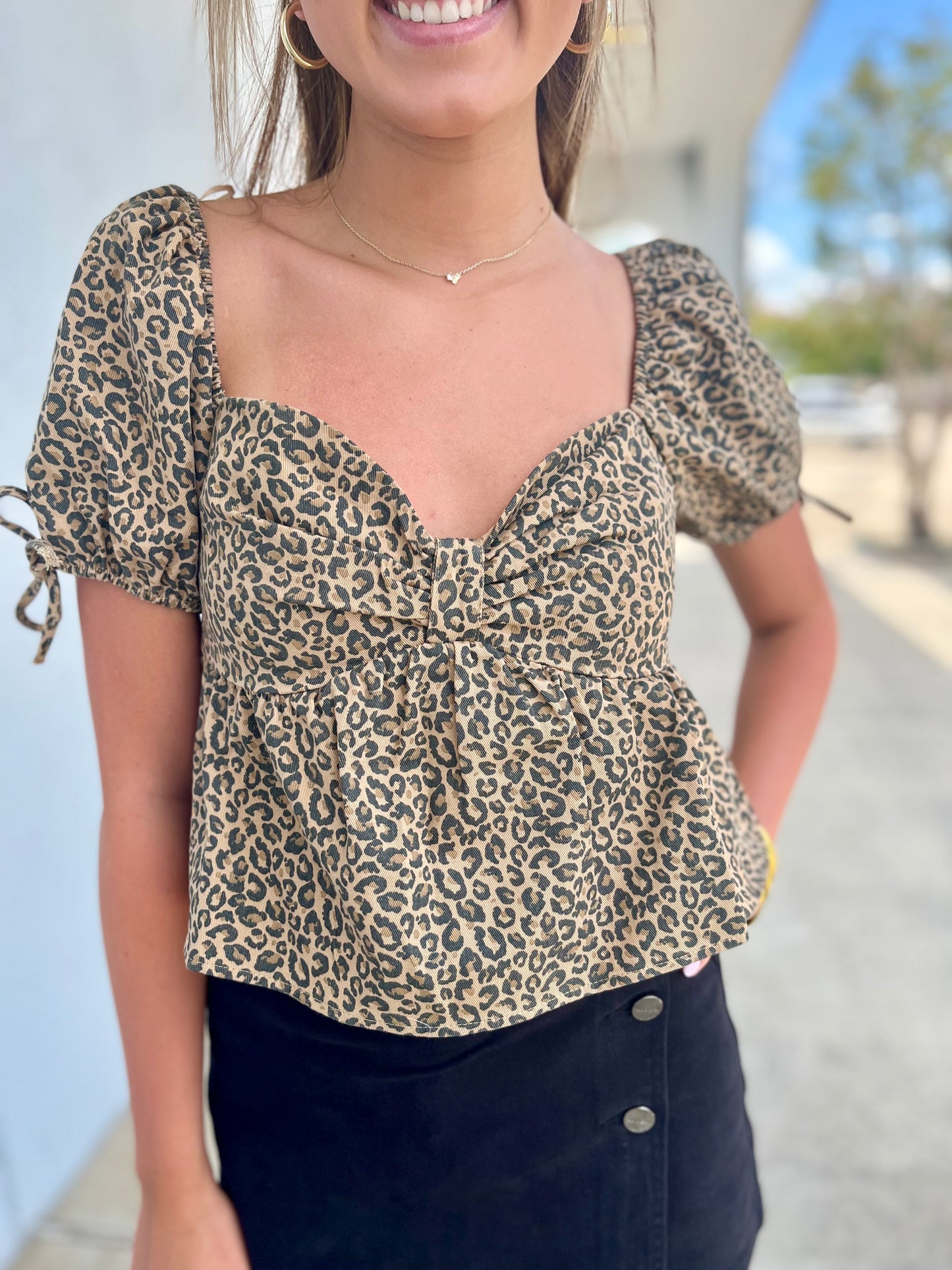 Denim Leopard Princess Neckline Puff Sleeve Crop Top