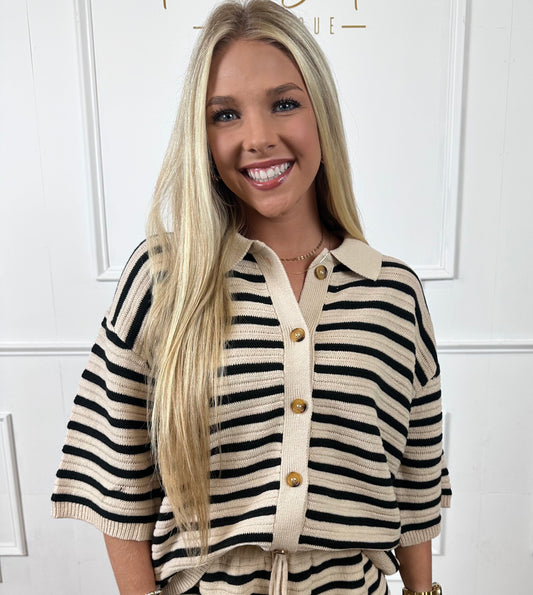 Lt Taupe Striped Button Down Sweater Top