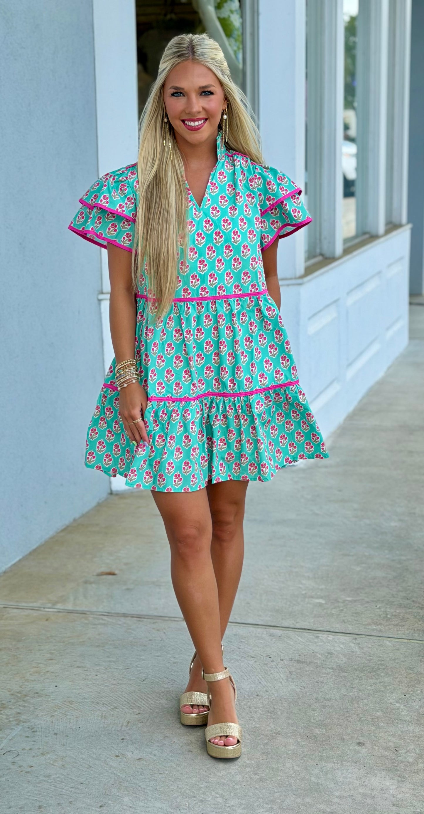 Green Floral Flutter Sleeve Dress