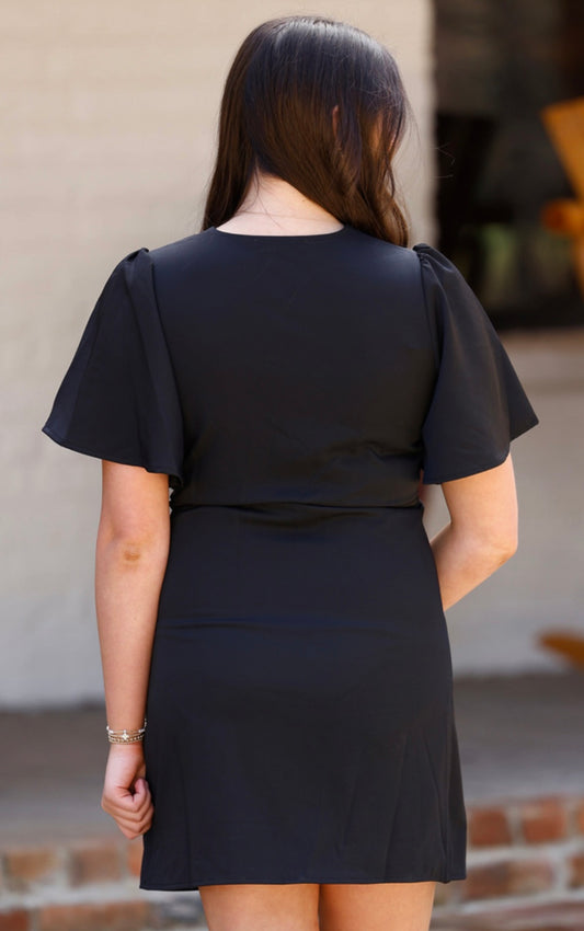 Black Woven Ruffled Wrap Dress