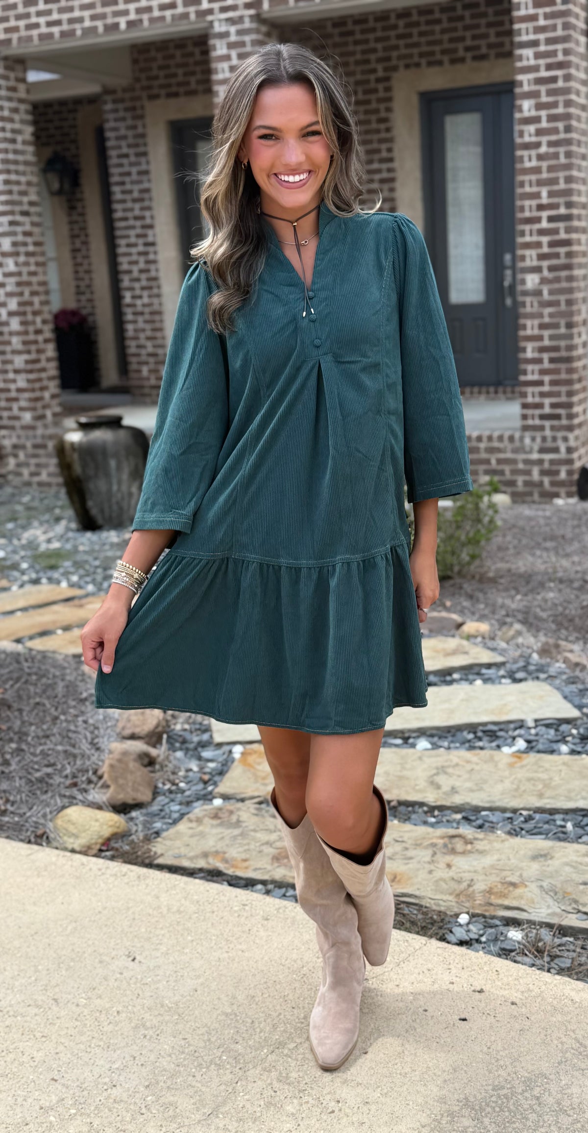 Hunter Green Pleated Ruffle Hem Dress