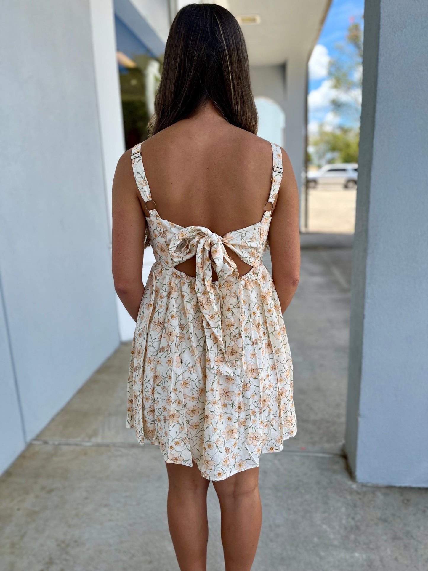 Floral Gathered Back Tie Mini Dress