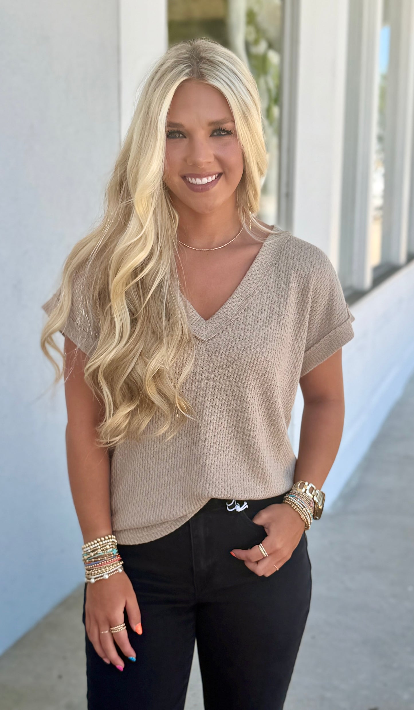 V Neck Textured Knit Top, Light Khaki