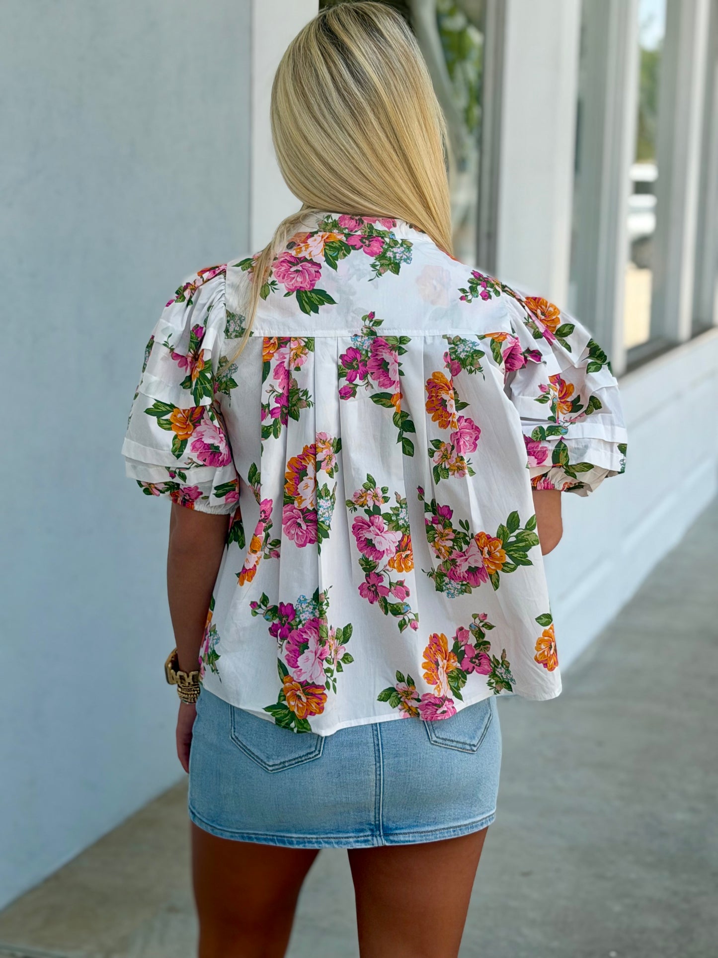 White/Pink Floral Puff Sleeve Blouse