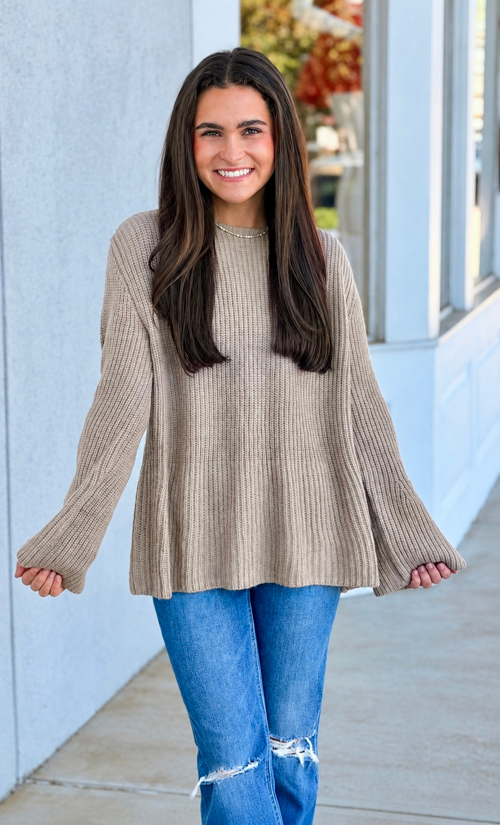 Lt Mocha Ribbed Bell Sleeve Sweater