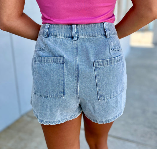 Denim Pleated Flare Shorts