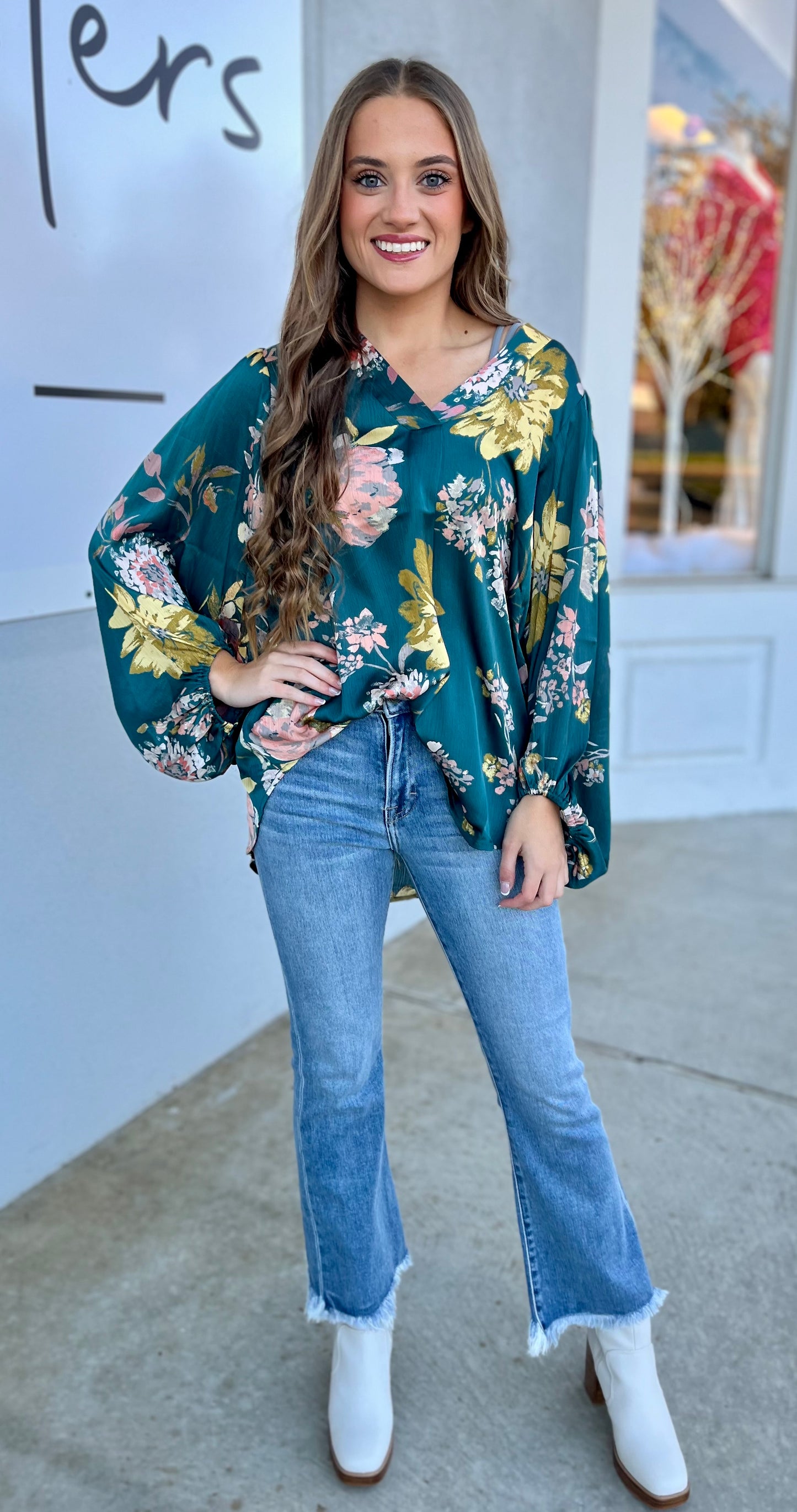 Teal Floral V Neck Blouse