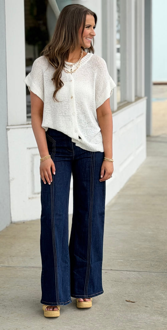 Button Down Solid Knit Summer Sweater Top, White