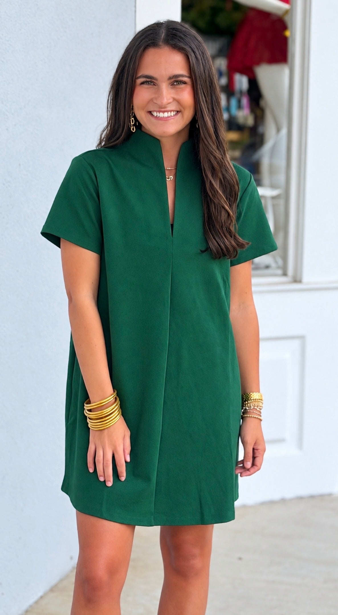 Stand Collar V-Neck Slit Mini Dress, Hunter Green