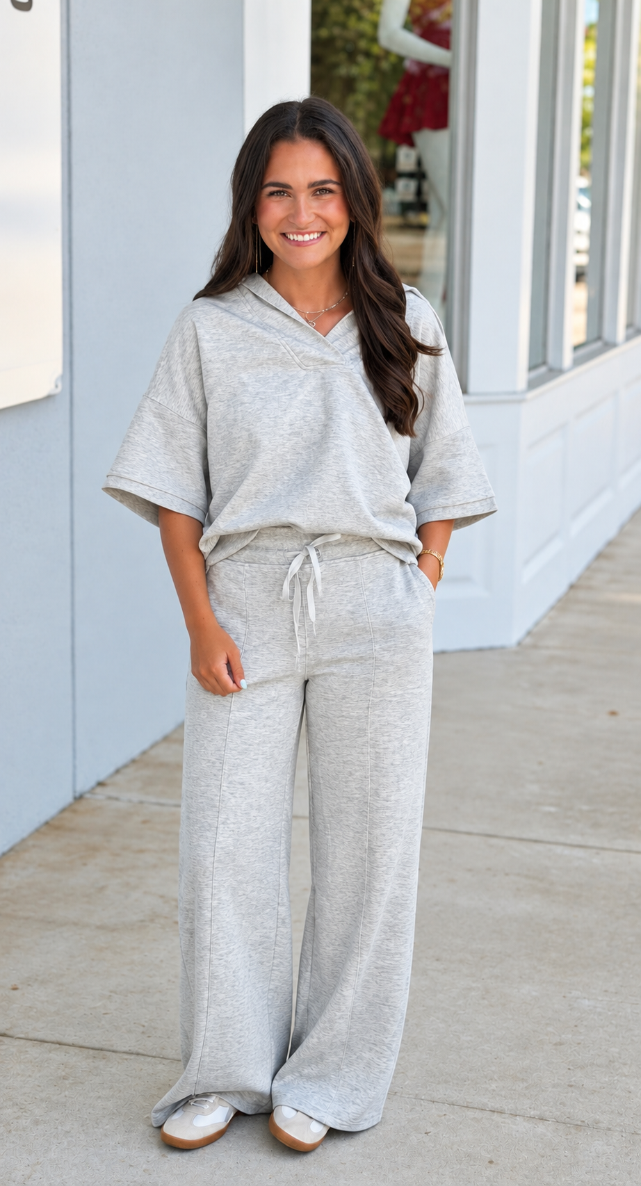 Scuba Collared Short Sleeve Top & Pants SET, H Grey