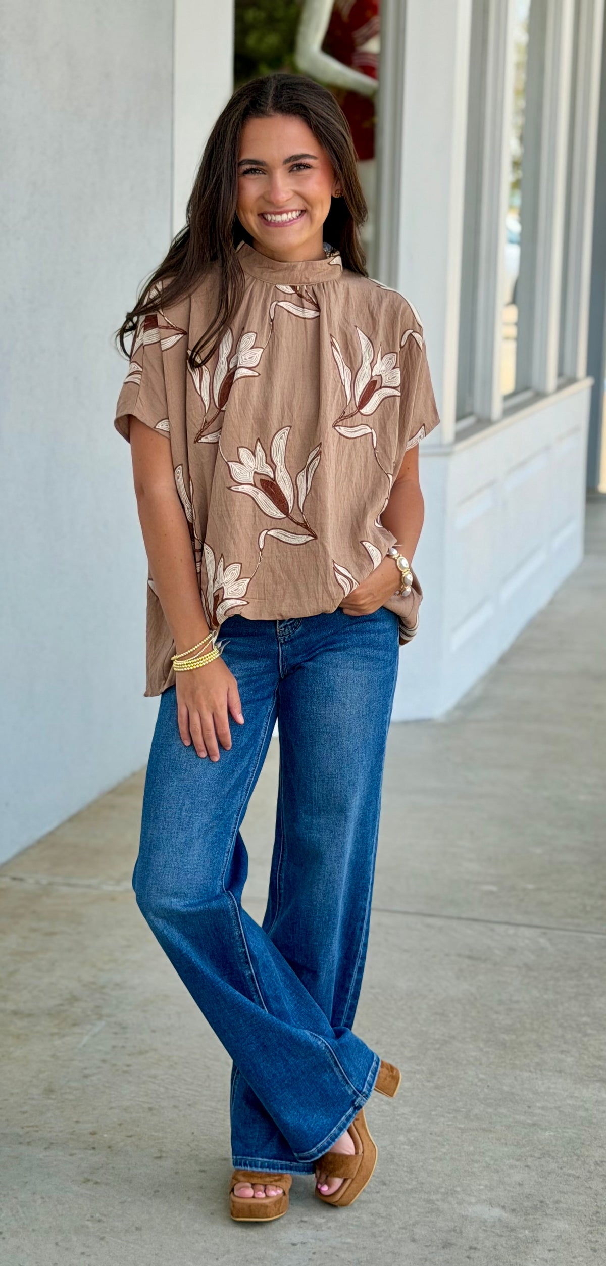 Taupe Floral Embroidered Blouse