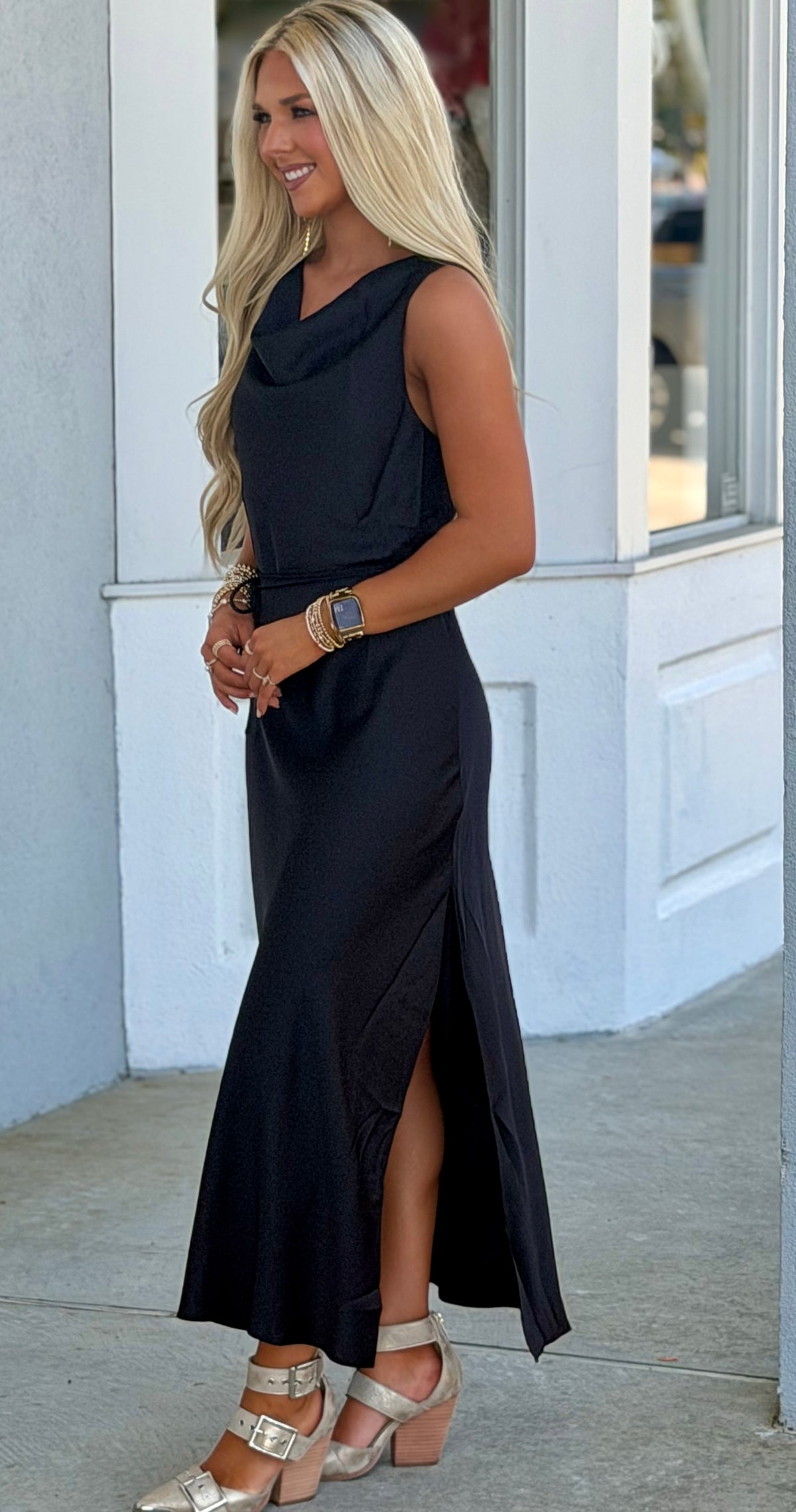 Cowl Neck W/Slit Satin Maxi Dress, Black