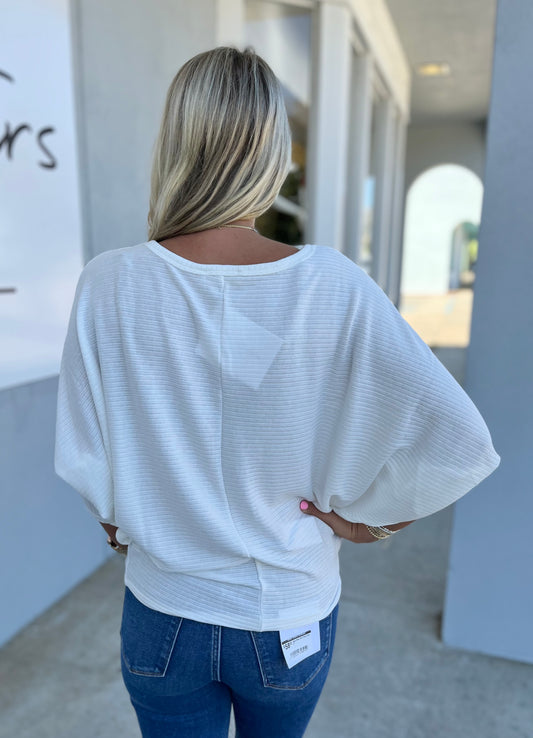 Ribbed Batwing Boat Neck Sweater, Ivory