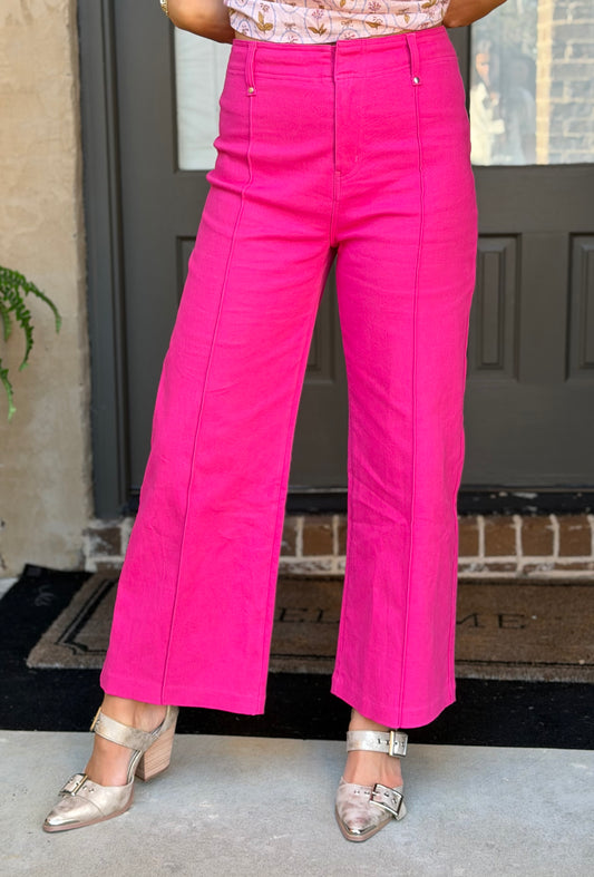 High Rise Wide Leg Front Seam Jeans, Hot Pink