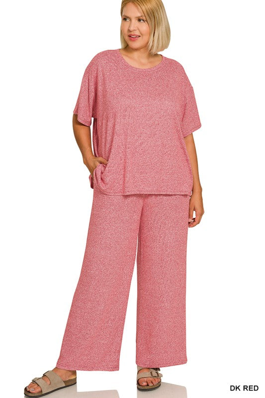 Plus Soft Melange Top & Pants SET, Dk Red