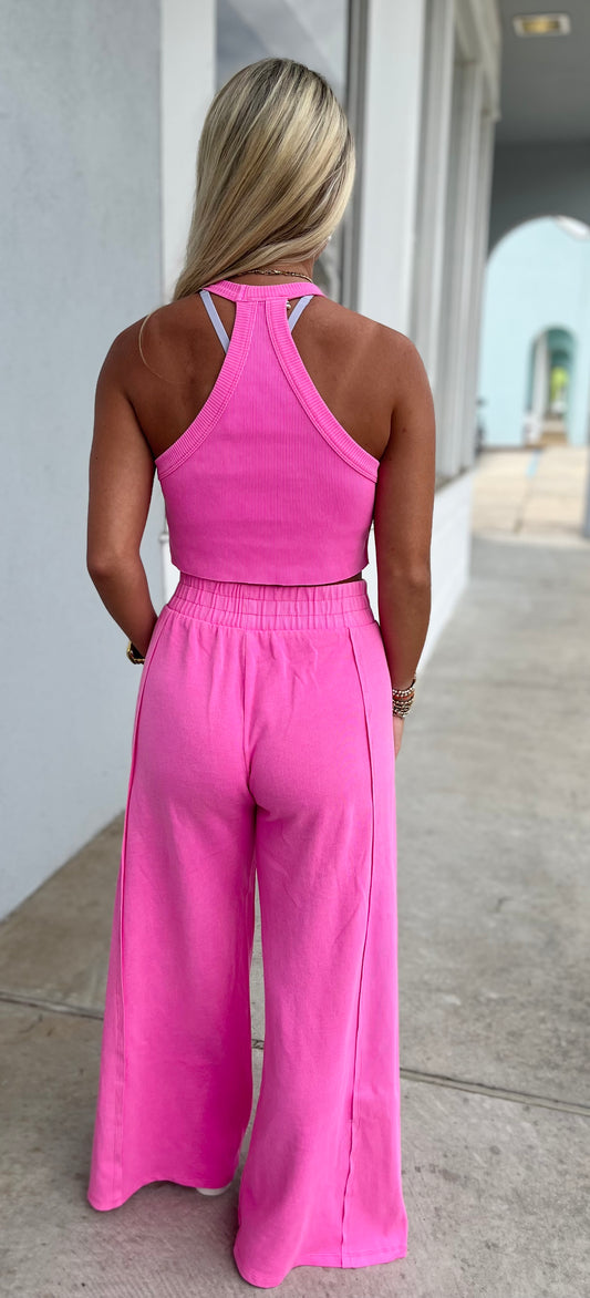 Cropped Ribbed Tank with Wide Leg Pants Set, Fuchsia