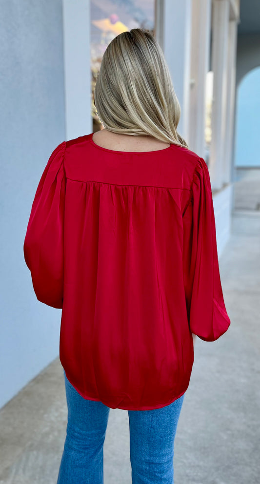 Satin Long Sleeve Red Top