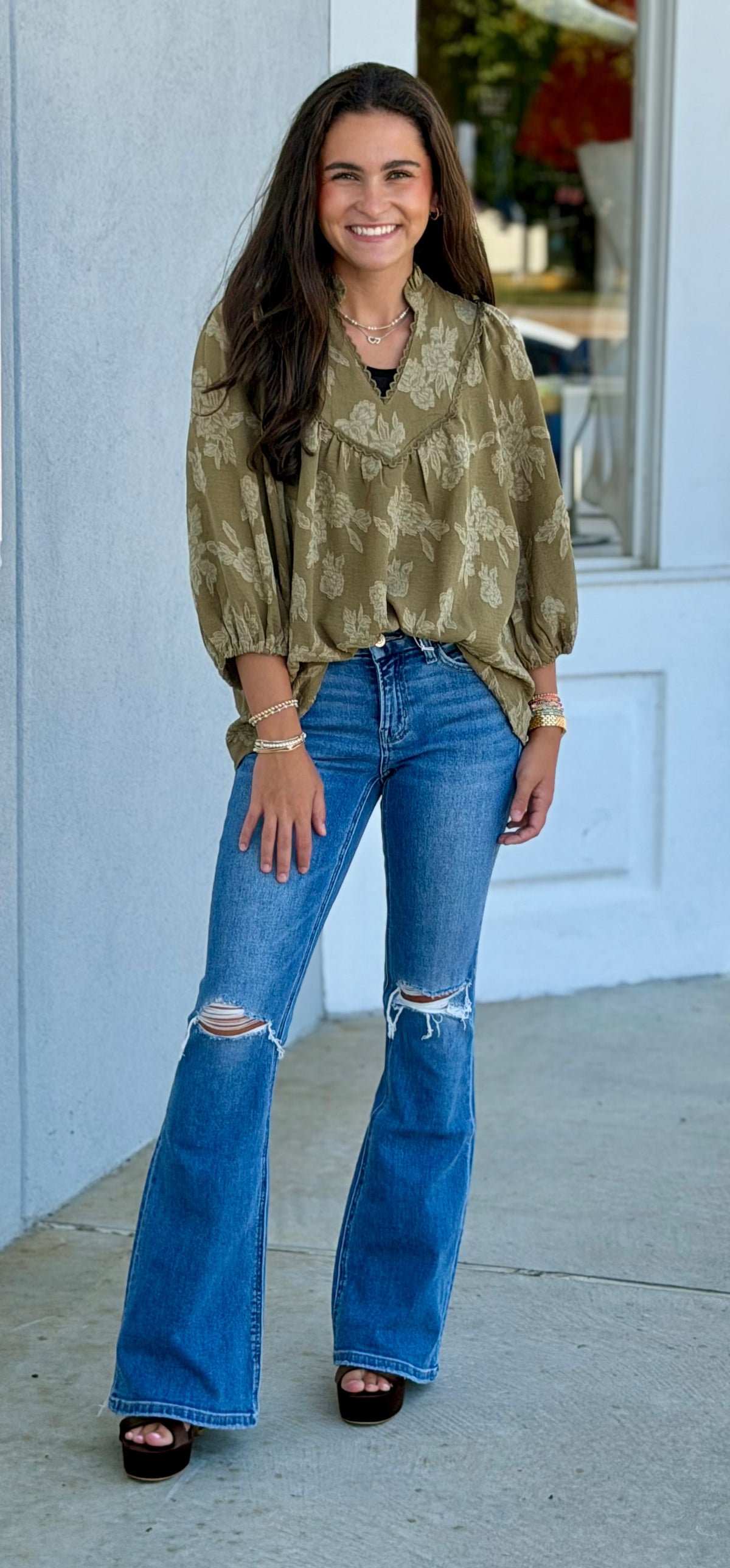 Floral Textured Scalloped V-Neck Babydoll Blouse, Olive