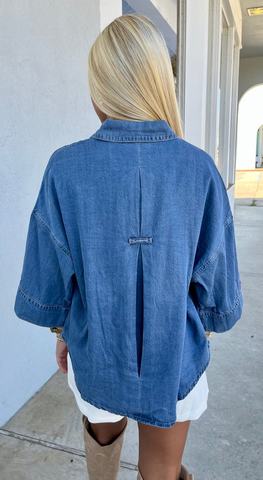 Denim Mineral Washed Back Pleat Button Down Top