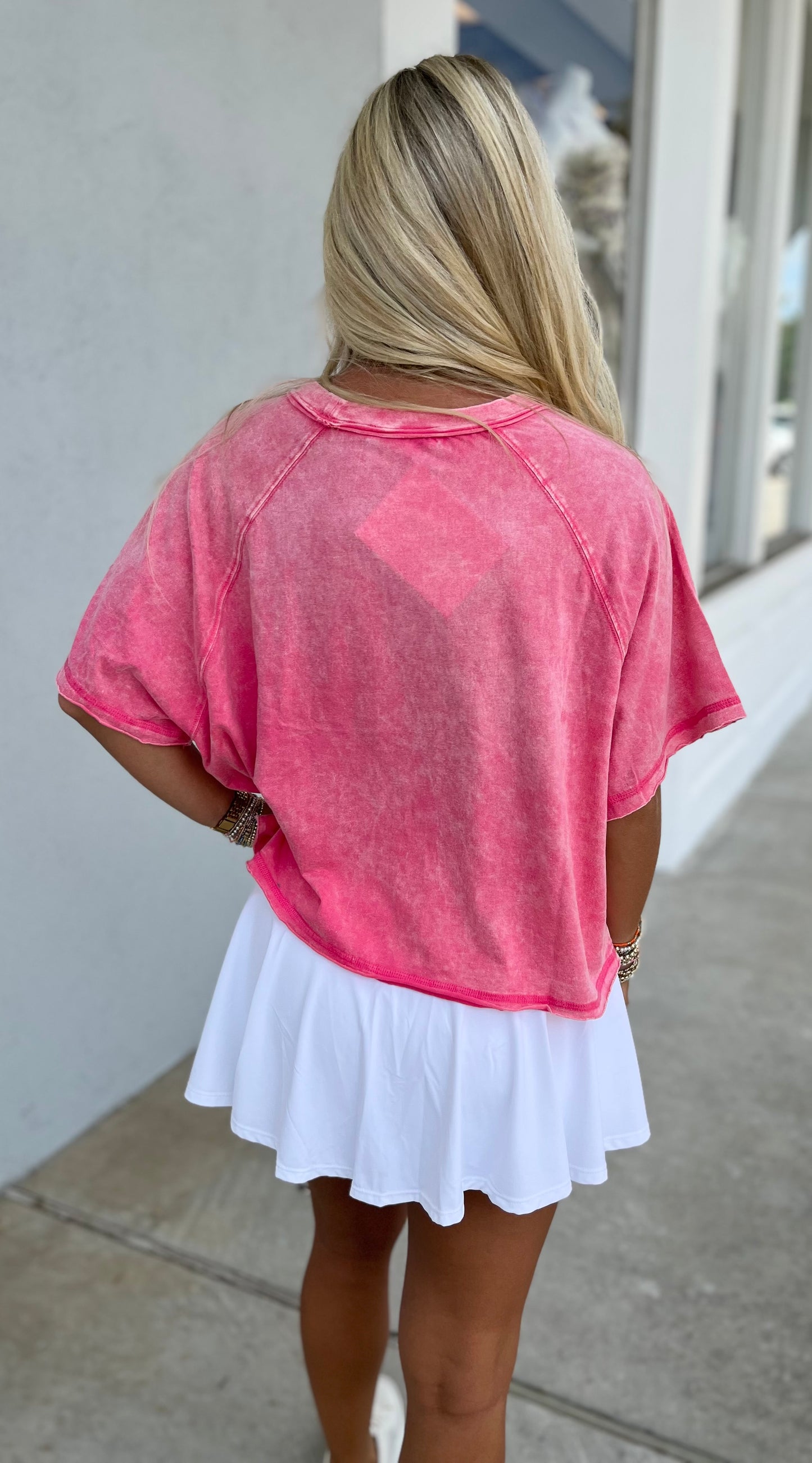 Acid Wash Round Neck Crop Tee, Fushia
