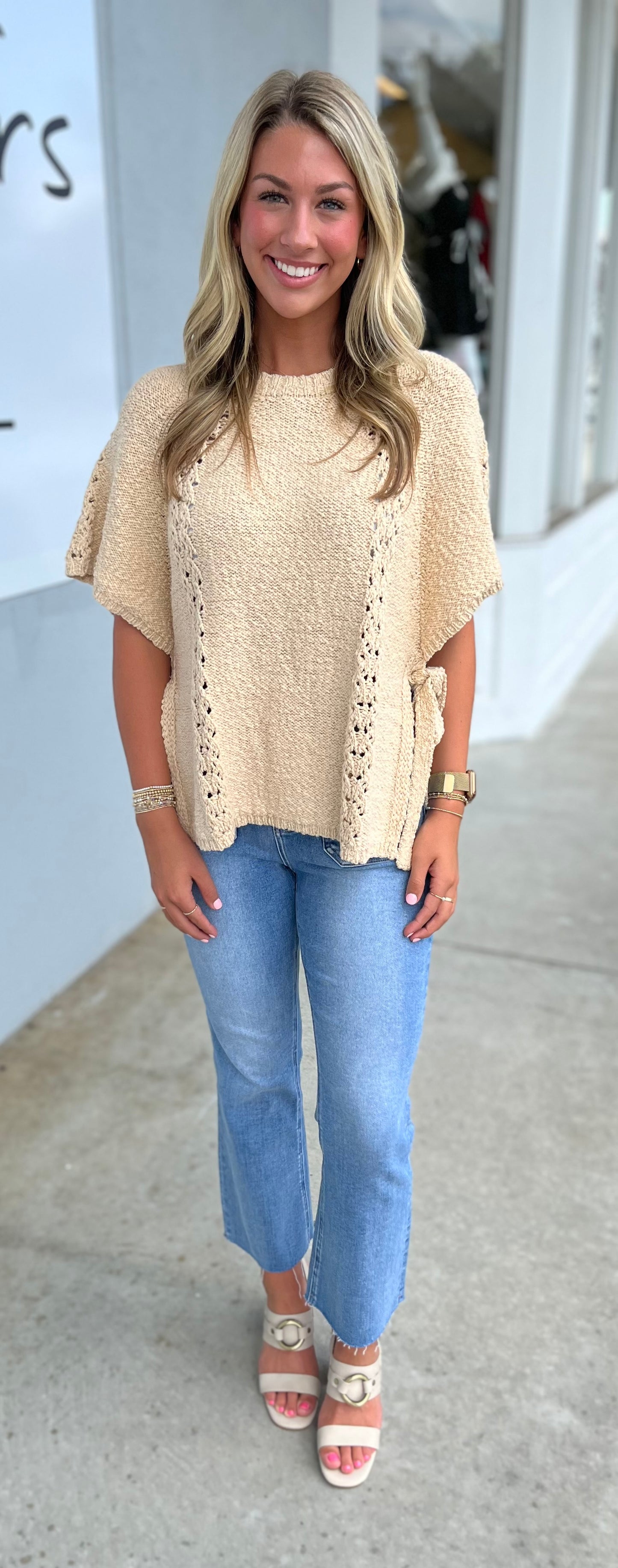Half Sleeve Knitted Sweater , Natural