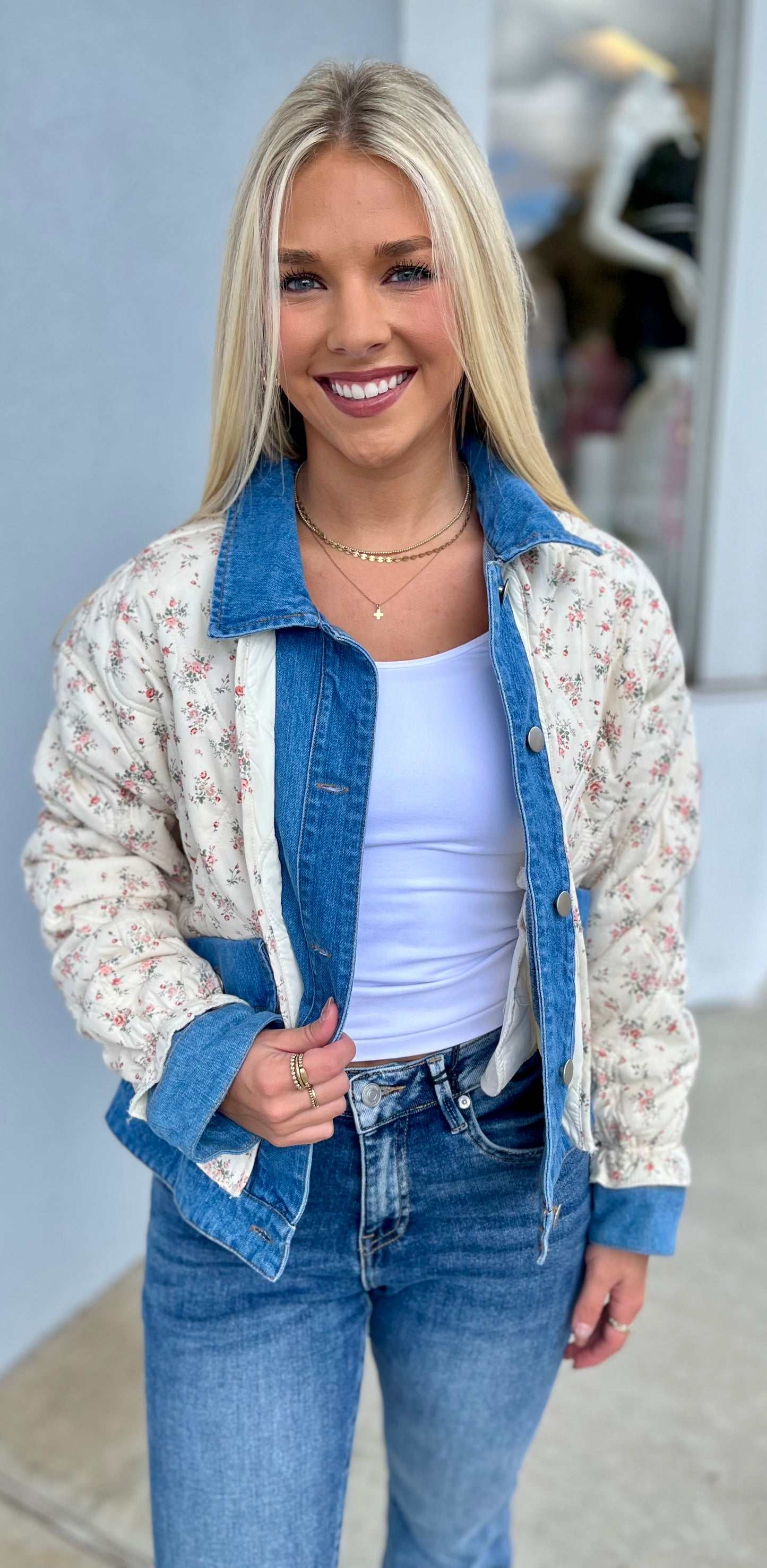 Denim Floral Printed Button Down Jacket