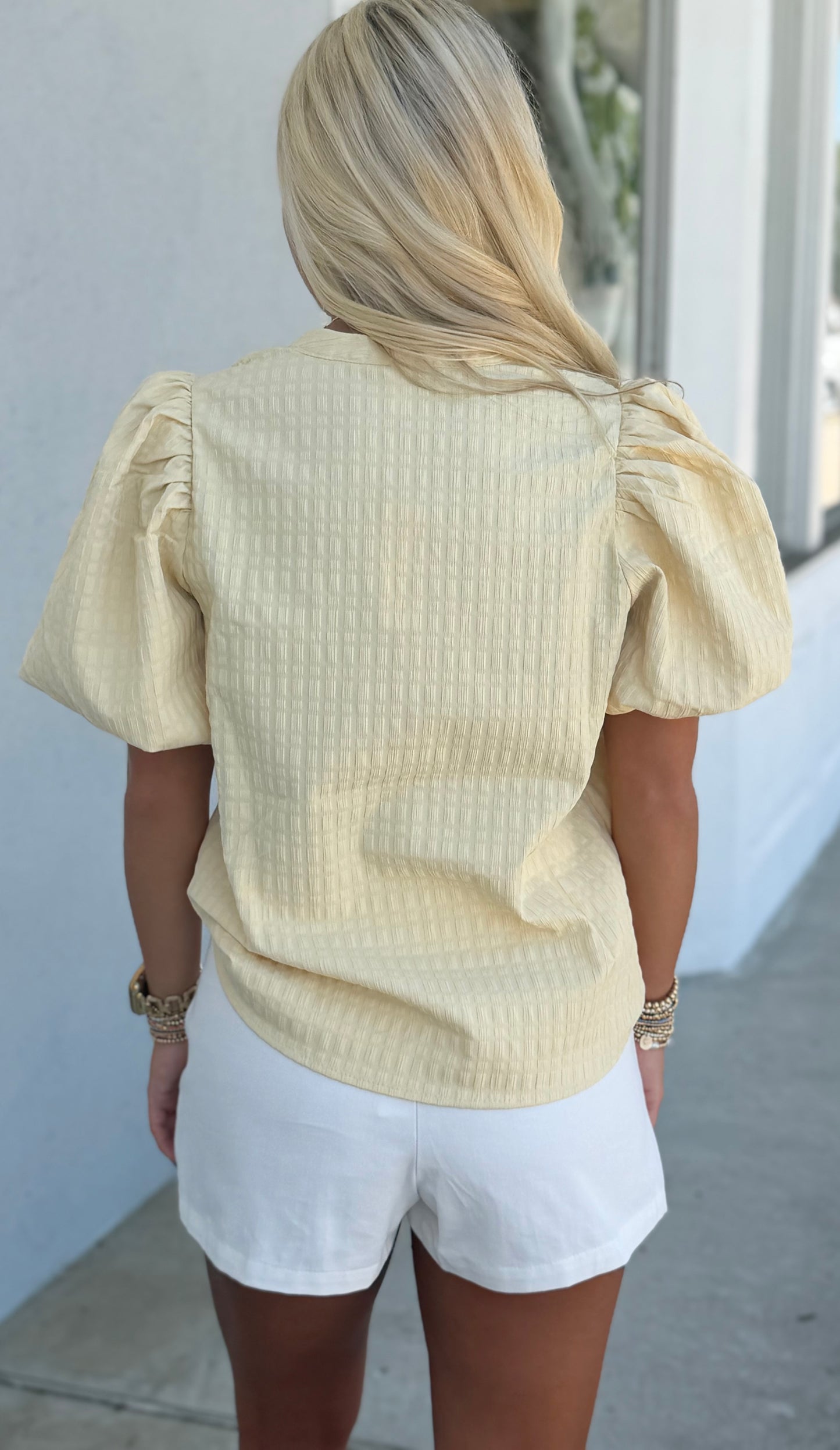 Butter Yellow Puff Sleeve Textured V Neck
