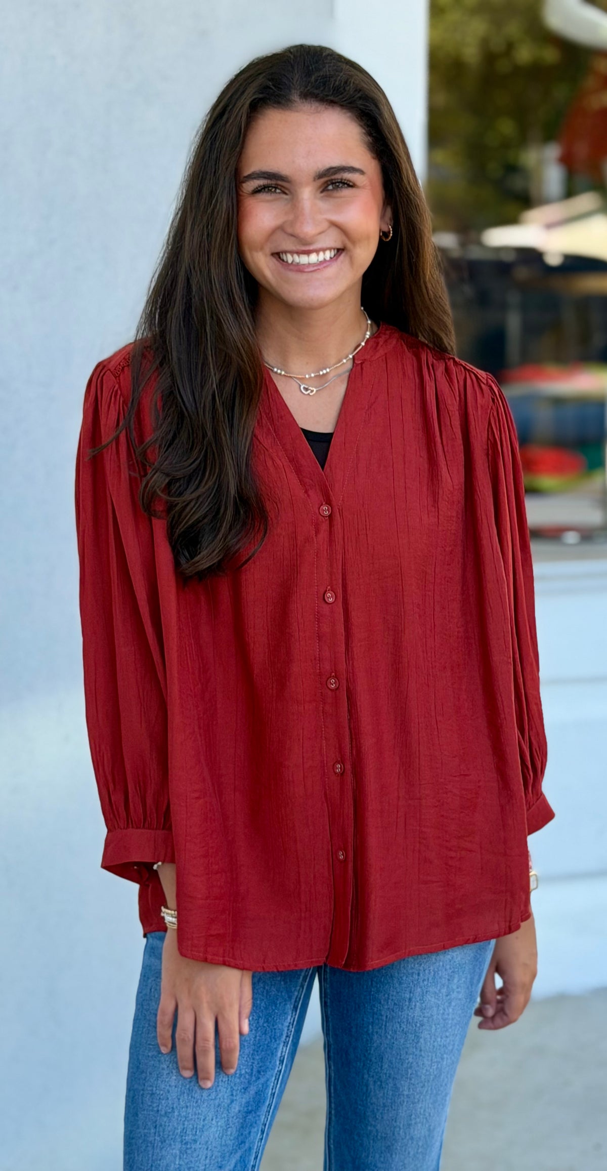 Rust Solid Button-Front Dolman Blouse