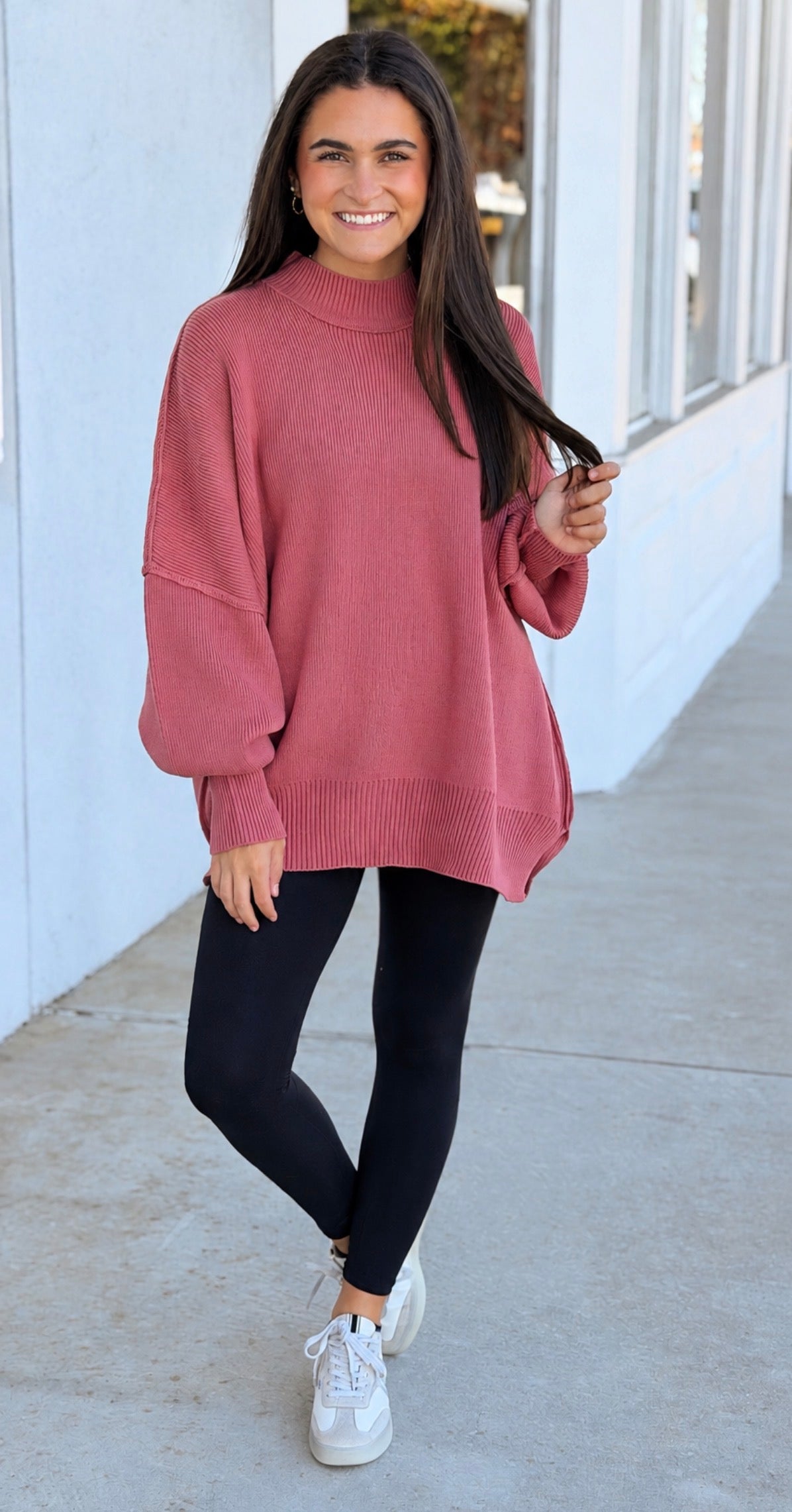 Side Slit Oversized Sweater, Winter Rose