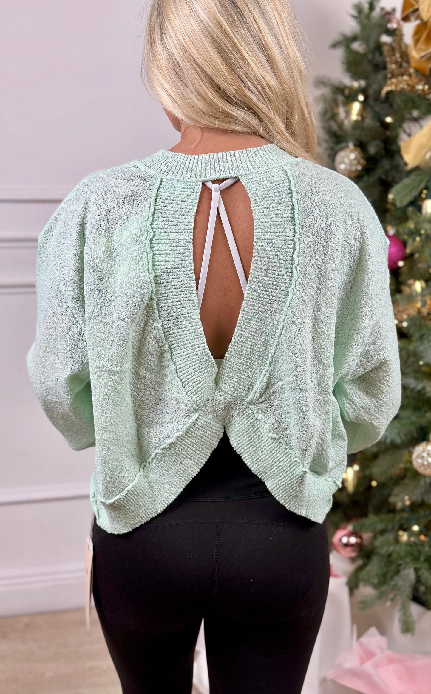 Open Back Cross Rib Crop Sweater, Lt Mint