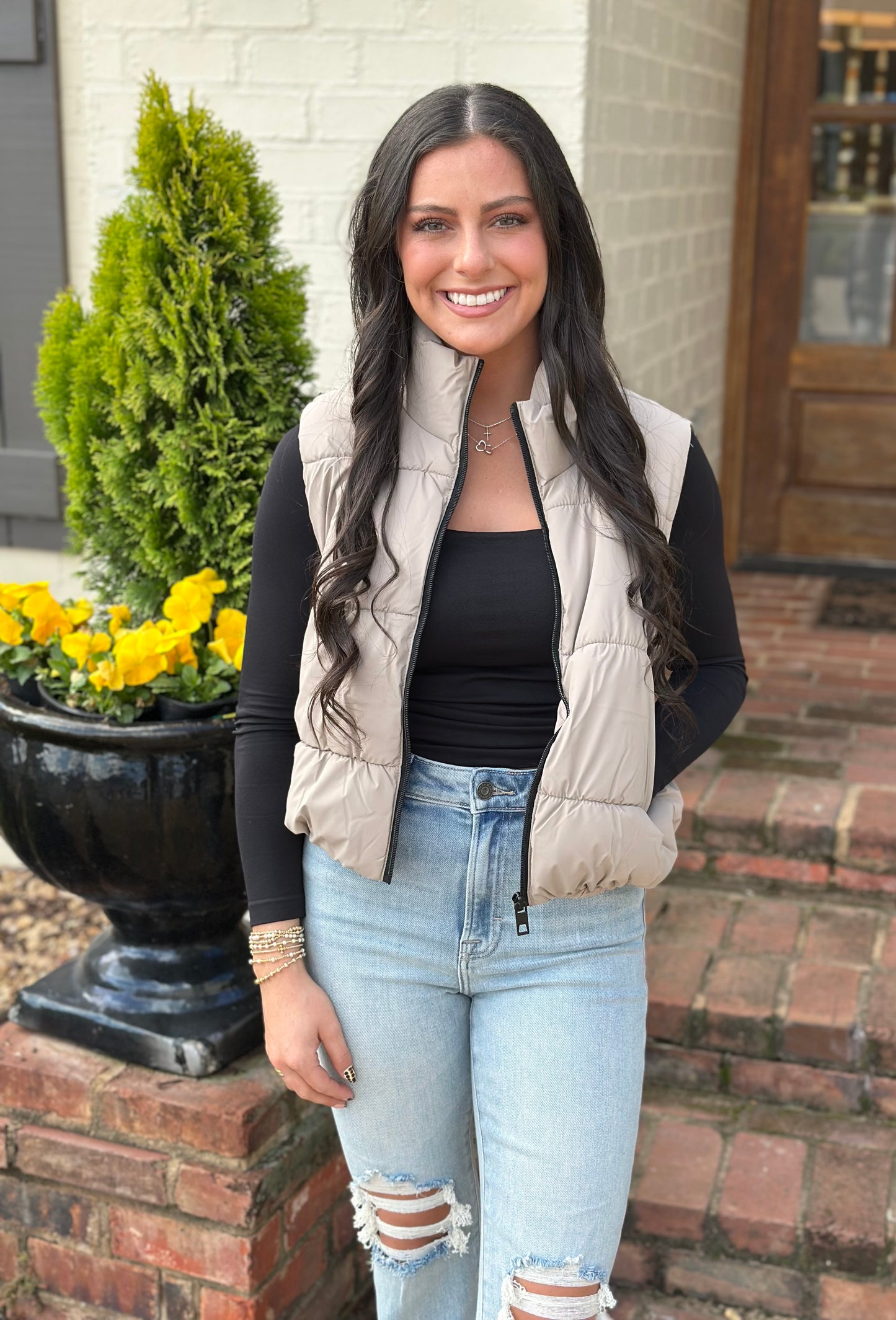 Quilted Zip Puffer Vest, Taupe